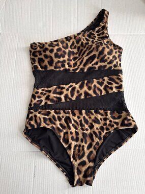 Carmen Marc Valvo One-Shoulder Leopard Print Swimsuit Mesh inserts Size 12